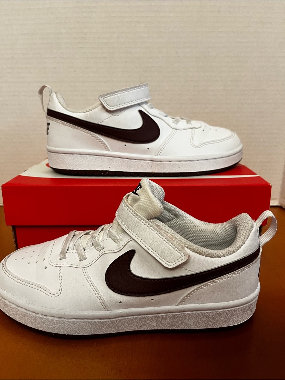 Nike Kids White Sneakers with Burgundy Swoosh